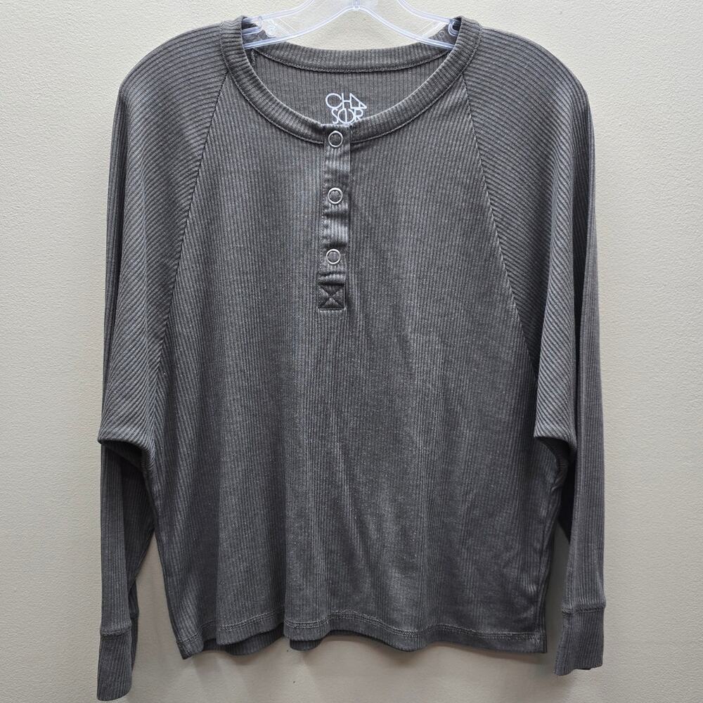 Cozy Ribbed Henley Top - Gray - Picture 1 of 6